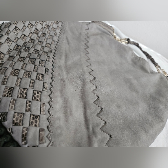 Jimmy Choo Grey/Black Leather and Python Trim Tatum Fringe Hobo - Picture 5 of 8